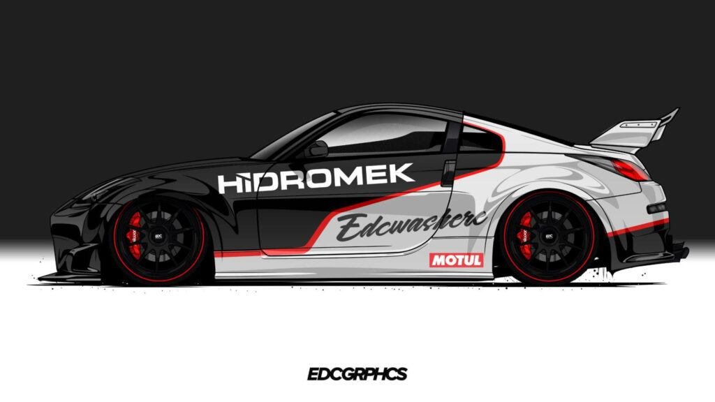 Nissan 350Z racing car digital wallpaper with black white red livery and aerodynamic design