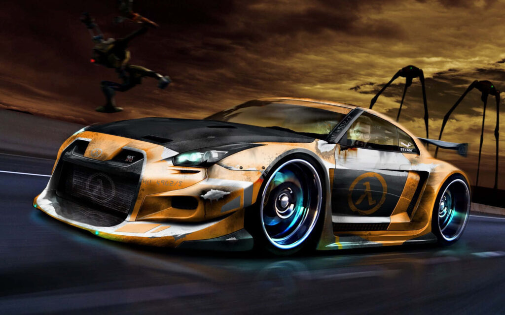 Nissan GT-R speeding at dusk with neon highlights and weathered racing livery street racing wallpaper