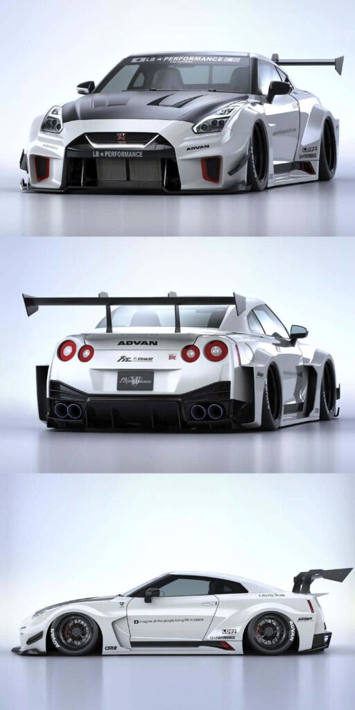 White Nissan R35 GTR collage showing front rear and side angles with widebody and spoiler design Wallpaper