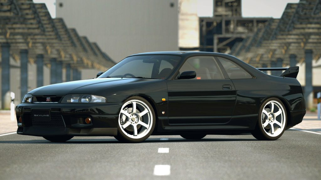 Black Nissan Skyline GT-R R33 with white wheels on road CGI wallpaper high-resolution sports car