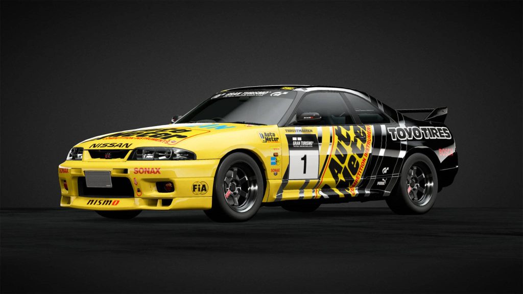 Nissan Skyline GT-R R33 in yellow black Gran Turismo livery CGI render studio wallpaper
