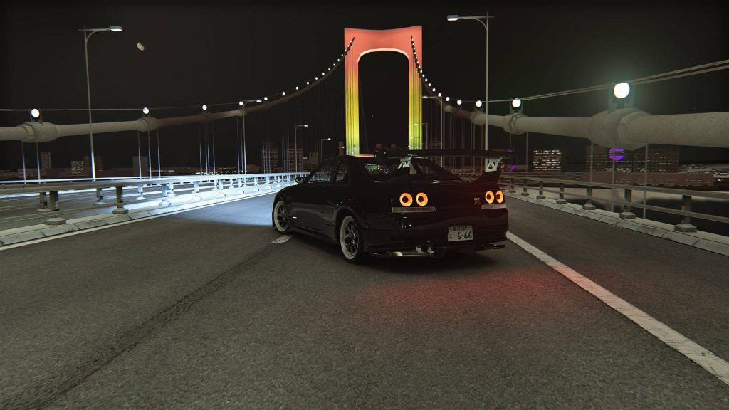 Black Nissan Skyline GT-R R33 on Tokyo Rainbow Bridge at night cinematic JDM sports car wallpaper
