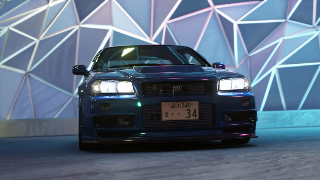 Nissan Skyline GTR R34 with sleek design against vibrant geometric wallpaper background for car fans