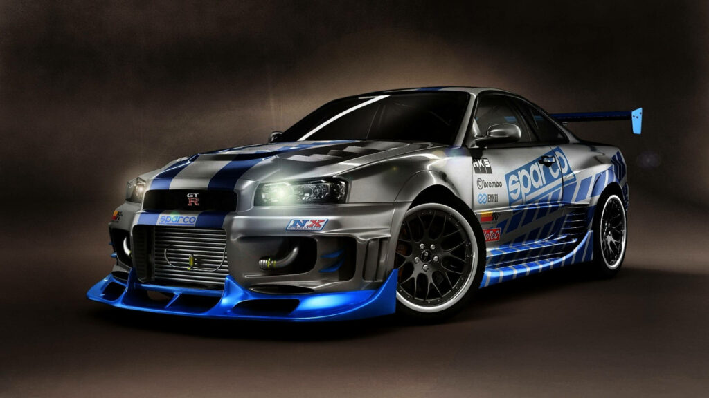Nissan Skyline GT-R racing car with aggressive body kit blue silver graphics high-performance motorsport Wallpaper