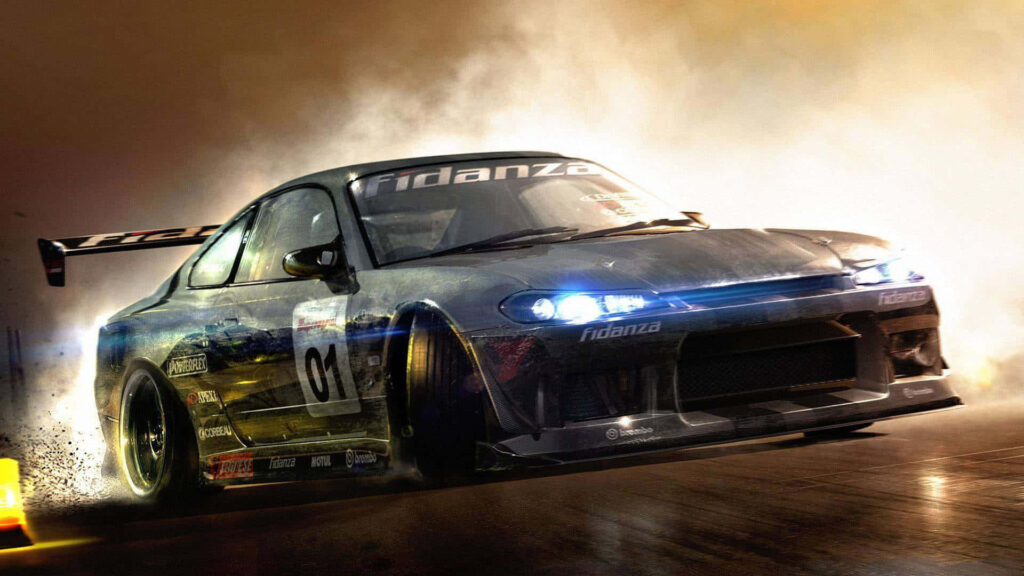 Nissan Skyline R33 GT-R drifting with smoke aggressive styling racing decals high performance wallpaper