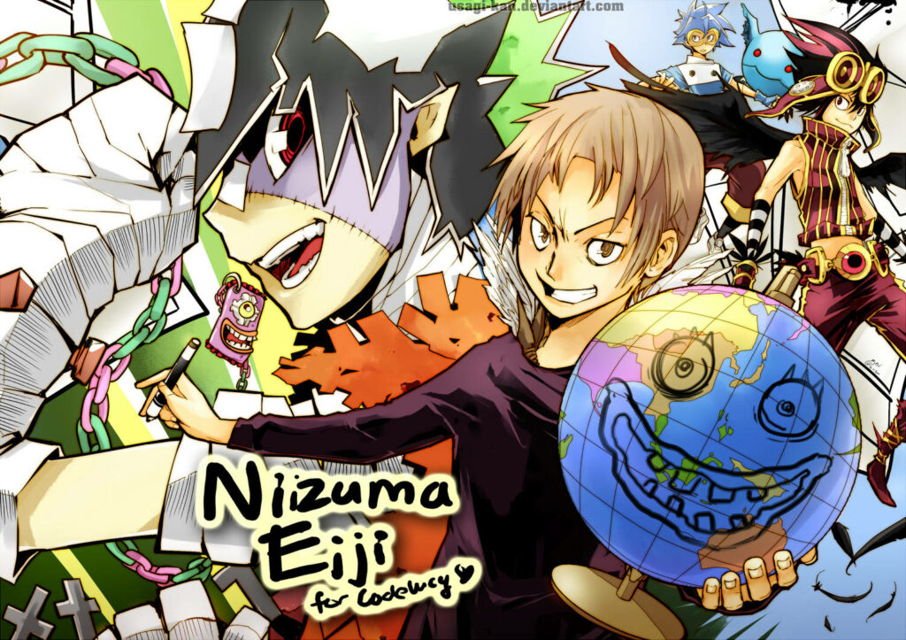 Nizuma Eiji dynamic pose wallpaper vibrant creative artwork eccentric energy Bakuman background