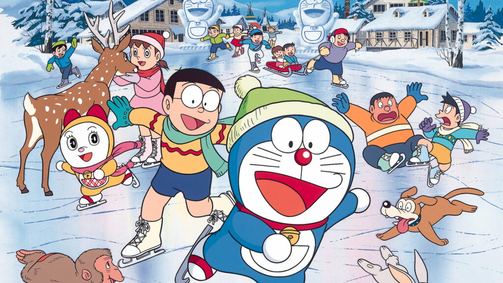 Doraemon and friends ice skating in festive winter wonderland colorful anime wallpaper background