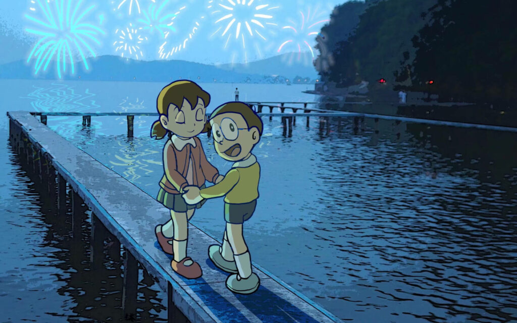 Nobita and Shizuka's Enchanting Fireworks Dance in Doraemon's Animated World Wallpaper