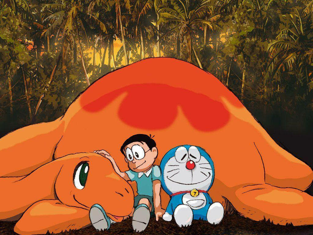 Plesiosaur Piisuke Receives Affectionate Gesture From Nobita During Doraemon's Presence Wallpaper