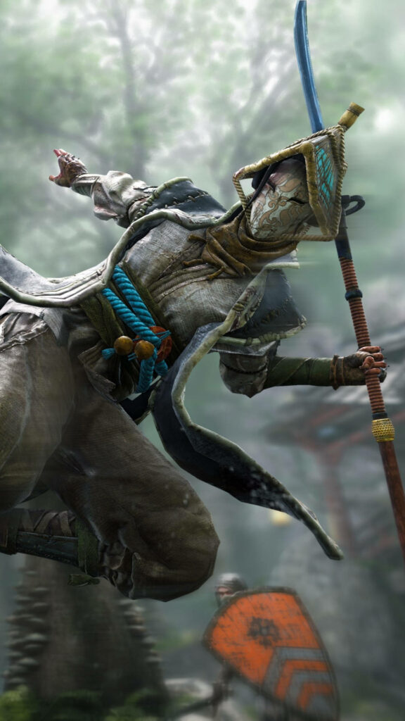 Nobushi from For Honor Poses with Naginata in Misty Forest Setting Wallpaper