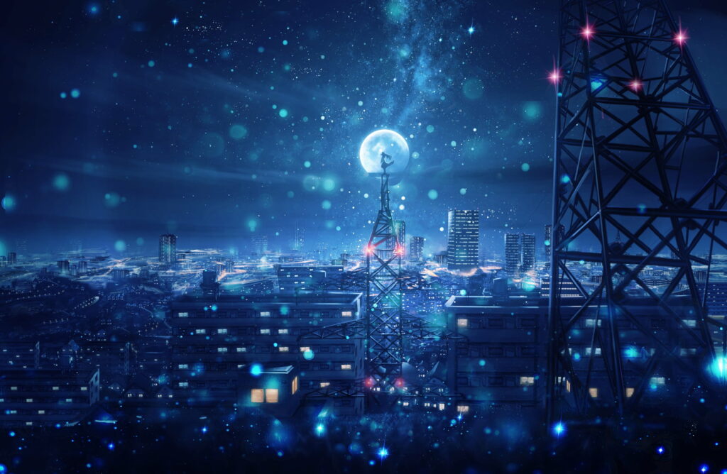 Enchanted Metropolis: A Dreamy Nighttime Skyline with Anime Girl Surrounded by Towers and Stars Wallpaper