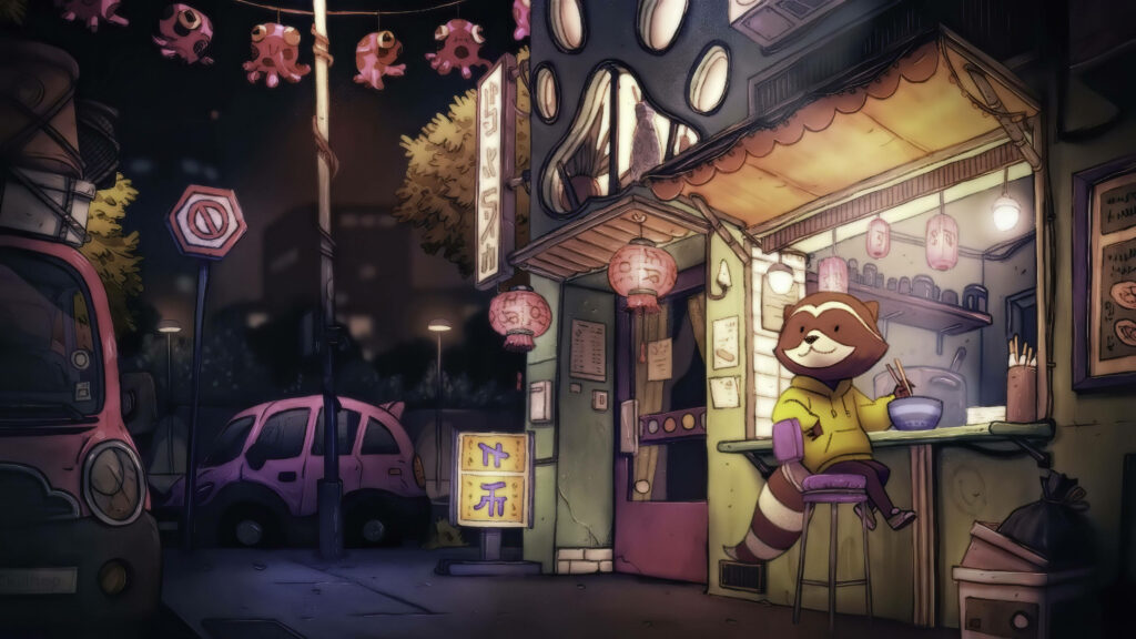 Noodle Muncher: A Relaxing 4k Artwork Featuring a Adorable Animal Enjoying Japanese Delicacies in a Store Wallpaper