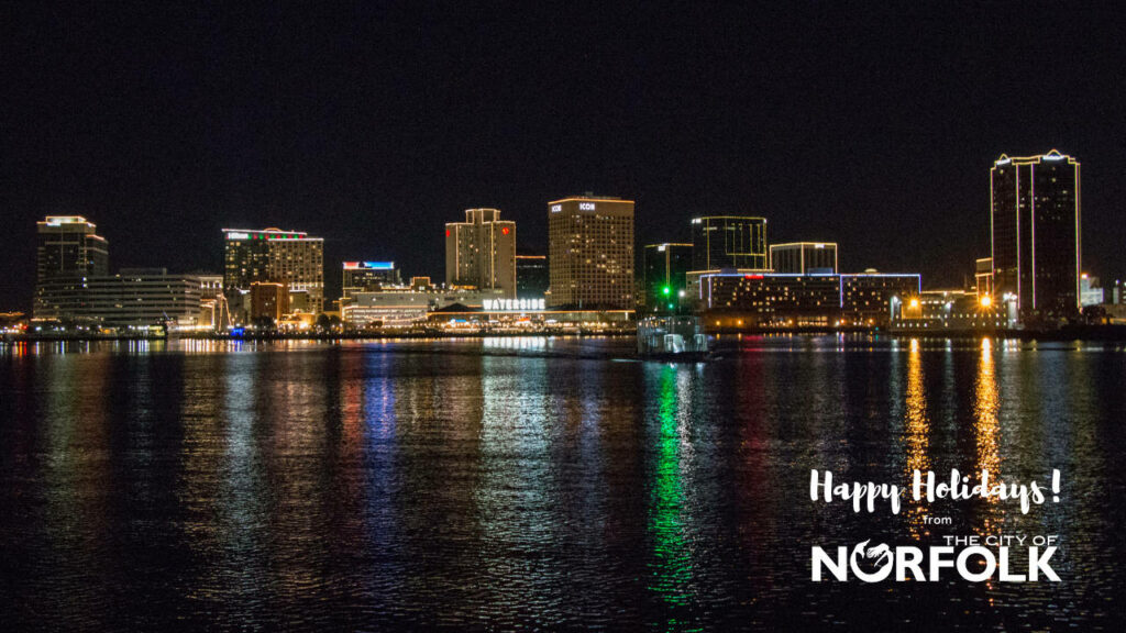 Norfolk Skyline Night Wallpaper: Festive Holiday Reflections