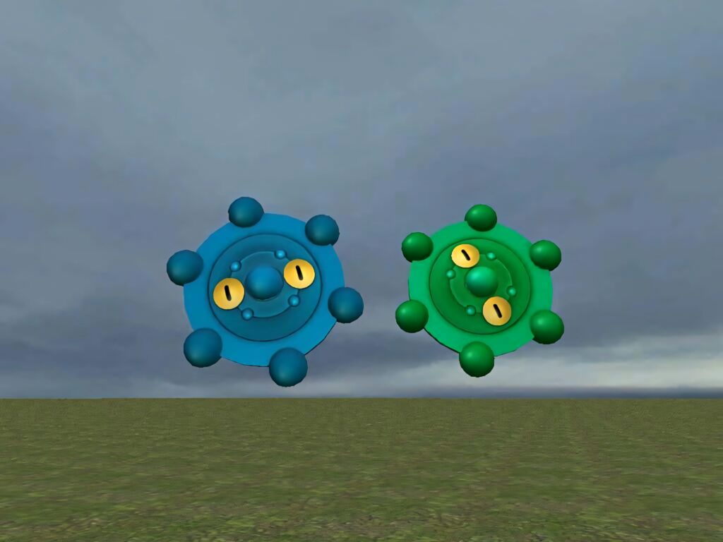 Normal and shiny Bronzor floating over grassy field with cloudy sky in vibrant 3D digital art Wallpaper