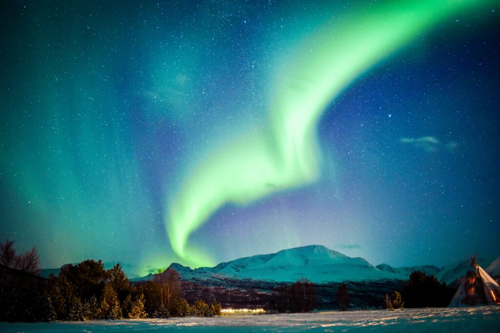 Northern lights over snowy mountains and pine trees under a starry winter night sky wallpaper