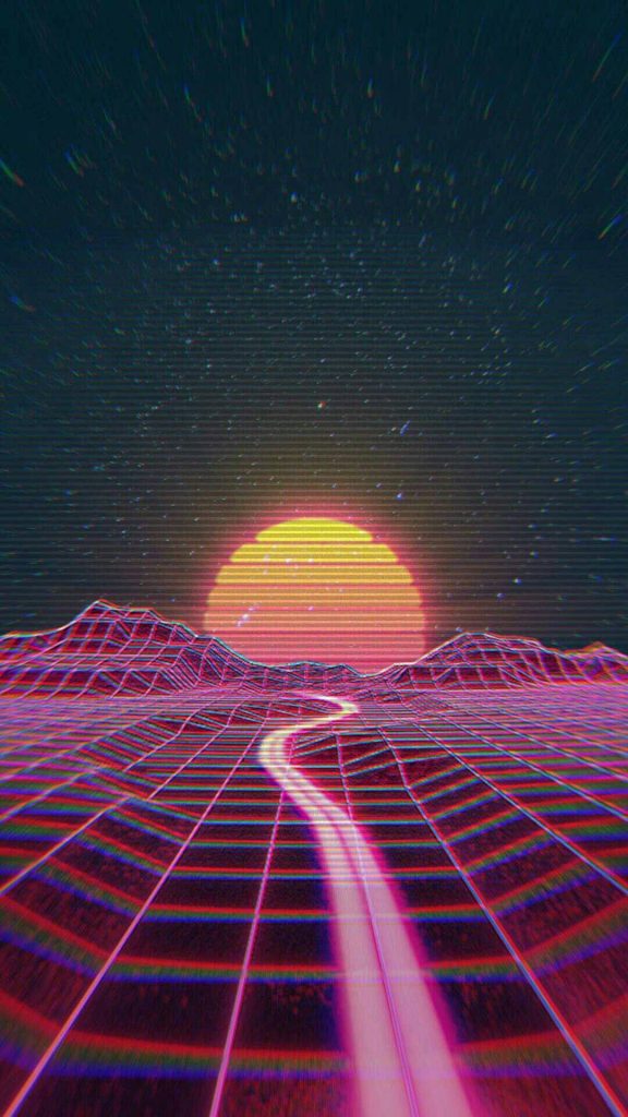80s retrowave wallpaper with glowing sunset neon road and digital wireframe grid background