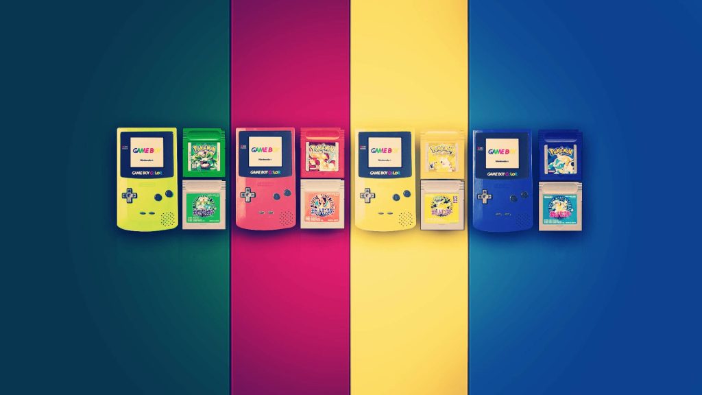 Retro 90s wallpaper with four colorful Game Boy Color consoles and classic Japanese Pokémon games