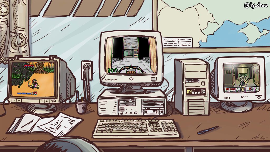 Nostalgic 90s retro PC gaming desk with three CRT monitors showing classic FPS games wallpaper