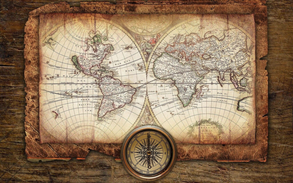 Lost in Time: Nostalgic Vintage World Map and Compass Laptop Background Wallpaper