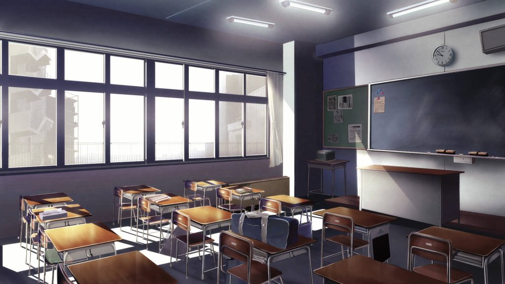 Dim empty anime classroom wallpaper with wooden desks blackboard and soft sunlight shadows