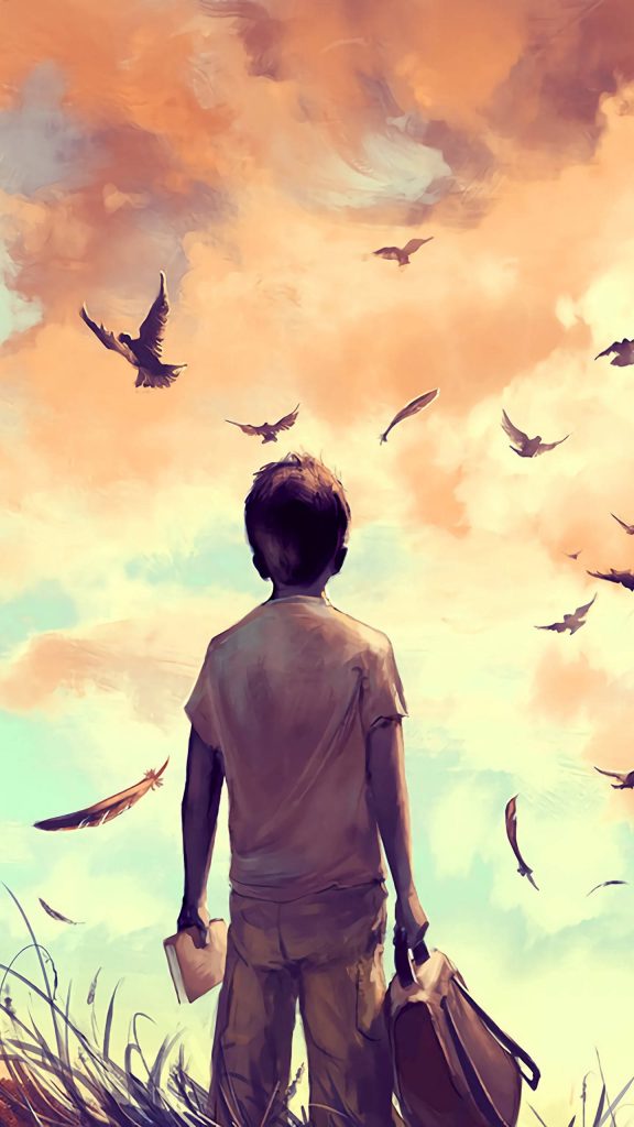 Young boy with book in grassy field watching pastel sunset sky with birds and feathers wallpaper