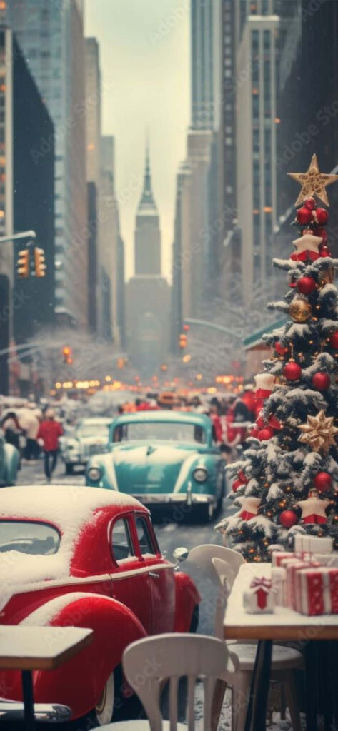Nostalgic Christmas Cityscape Wallpaper: Snowy Streets & Vintage Charm