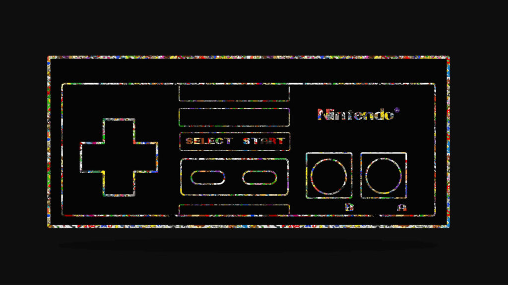 Nostalgic Gaming Delight: Classic Nintendo Controller Unleashes a Collage of Icons in Artistic Desktop Imagery Wallpaper
