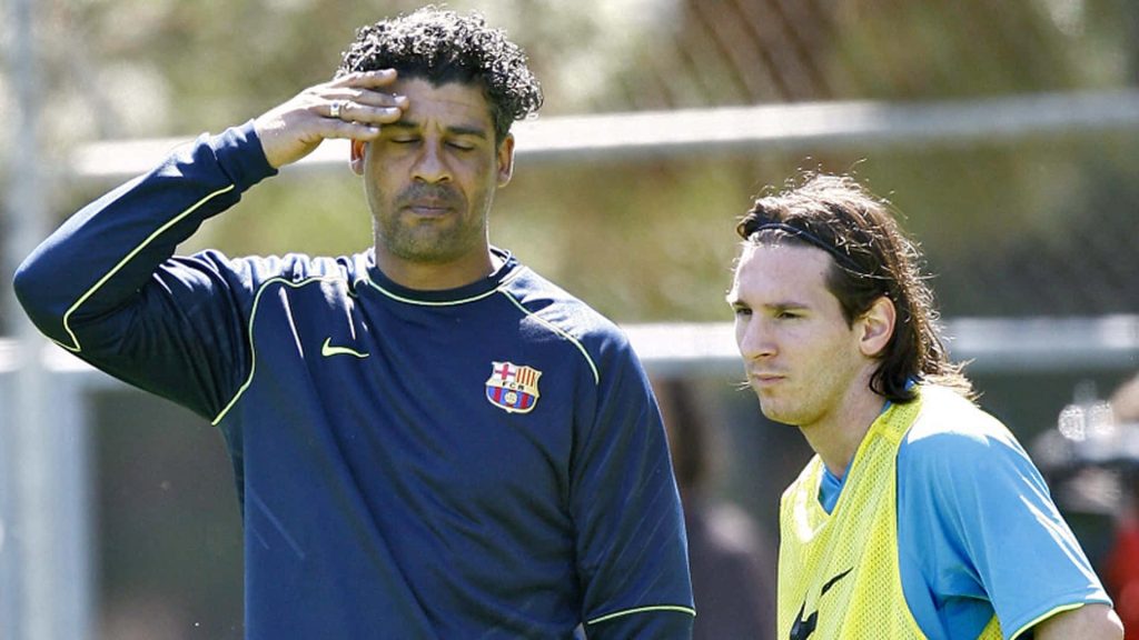 FC Barcelona nostalgic wallpaper with coach Frank Rijkaard and young Lionel Messi training outdoors