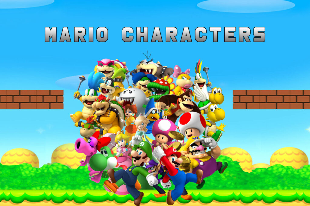 Nintendo's Iconic Characters Unite: Super Mario Bros. Team Gathering in Striking Digital Art Wallpaper