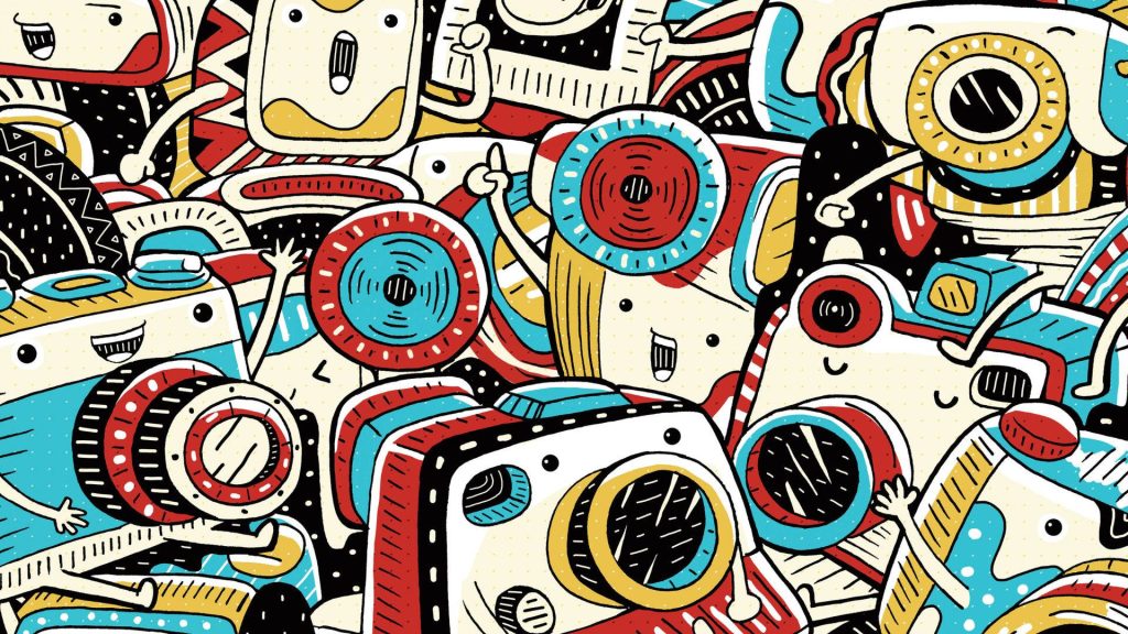 Kidcore wallpaper with colorful doodles of expressive vintage cameras in red yellow blue