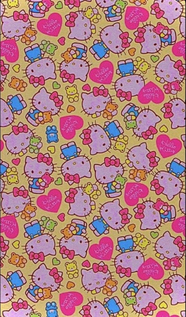 Kidcore Hello Kitty wallpaper pattern with blue overalls teddy bears pink hearts yellow background