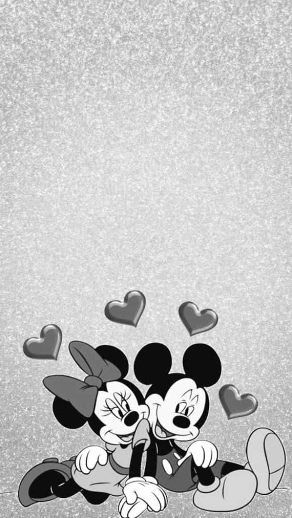 Nostalgic Mickey & Minnie Mouse Wallpaper with Sparkly Hearts