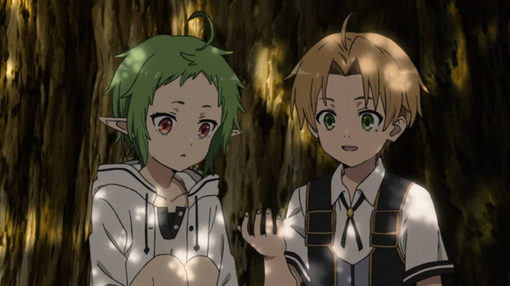 Young Rudeus Greyrat and Sylphiette anime wallpaper with forest light and warm tones
