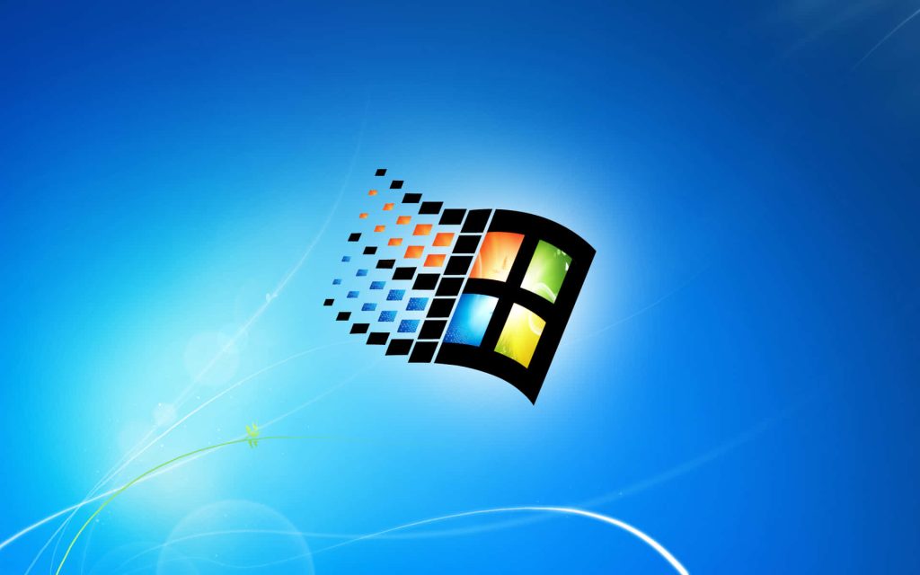 Pixelated Microsoft Windows logo on vibrant light-streaked blue Windows 7 style wallpaper background