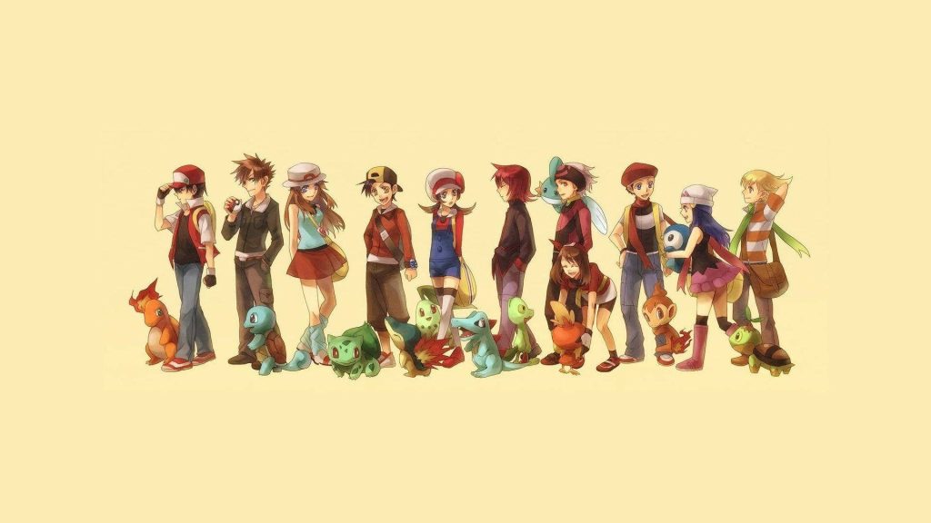 Pokémon trainers with starter Pokémon on soft yellow background nostalgic anime wallpaper