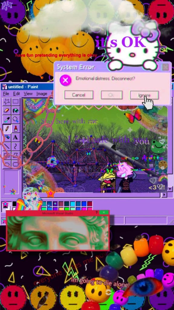 Scenecore wallpaper with Hello Kitty System Error pop-ups green Michelangelo David melting smileys