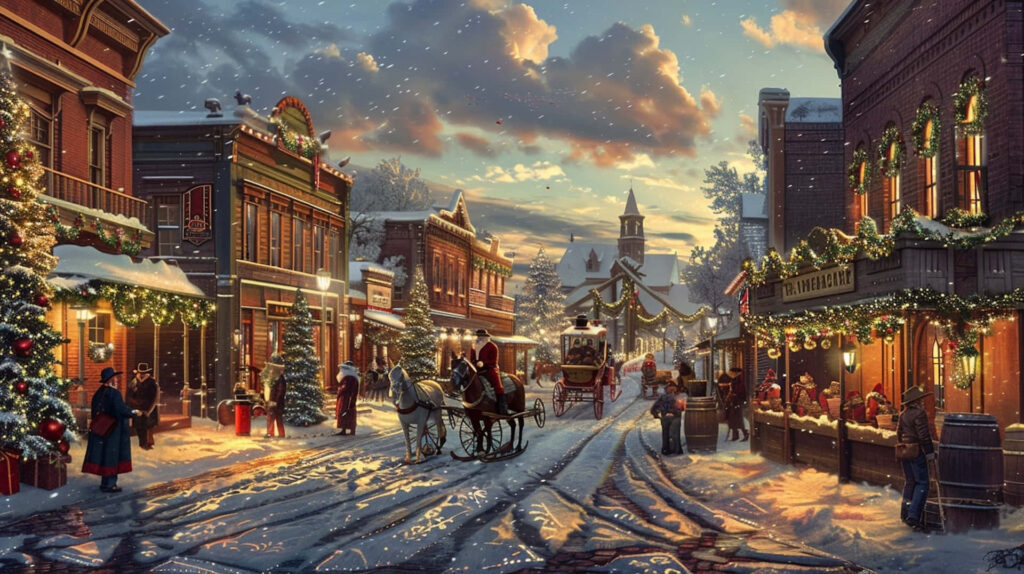 Nostalgic Victorian Christmas Eve Wallpaper: Festive Snowy Street