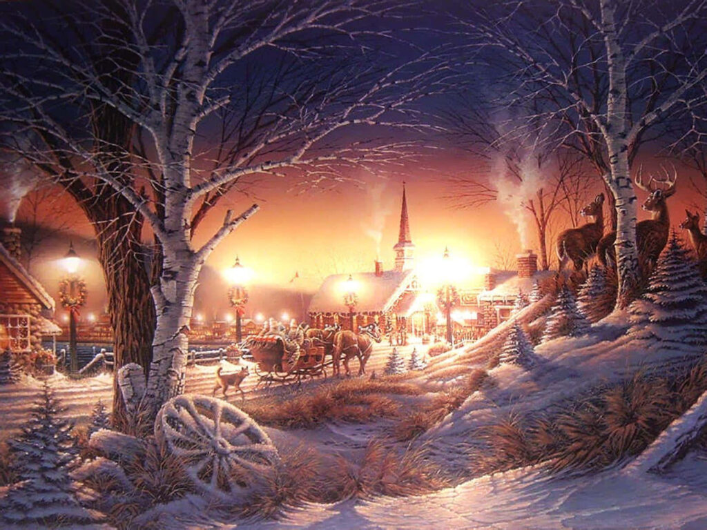 Nostalgic Vintage Christmas Wallpaper: Snowy Village Scene