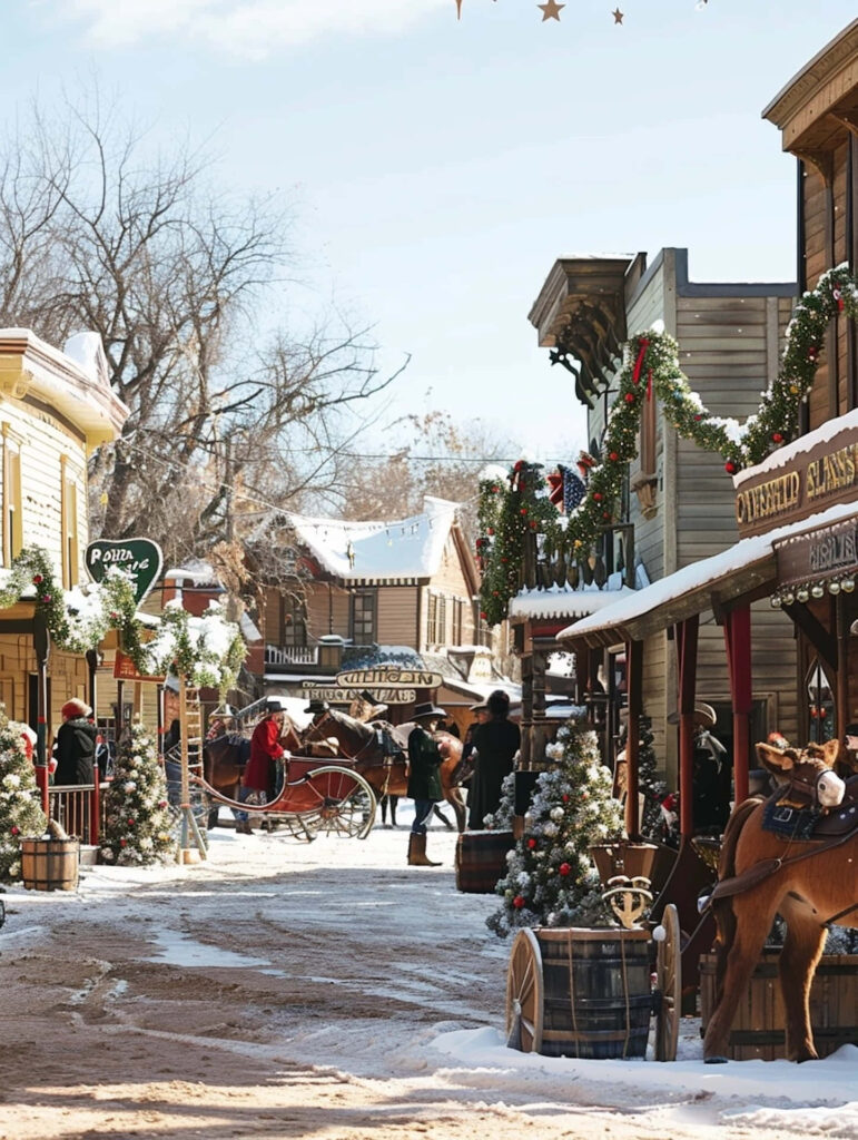 Charming Old Western Christmas Street Wallpaper with Snowy Decor