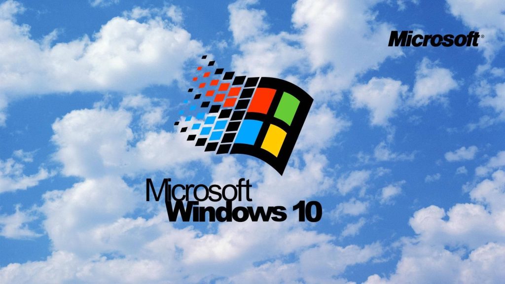 Windows 10 logo and classic colorful flag emblem against bright blue sky with clouds wallpaper