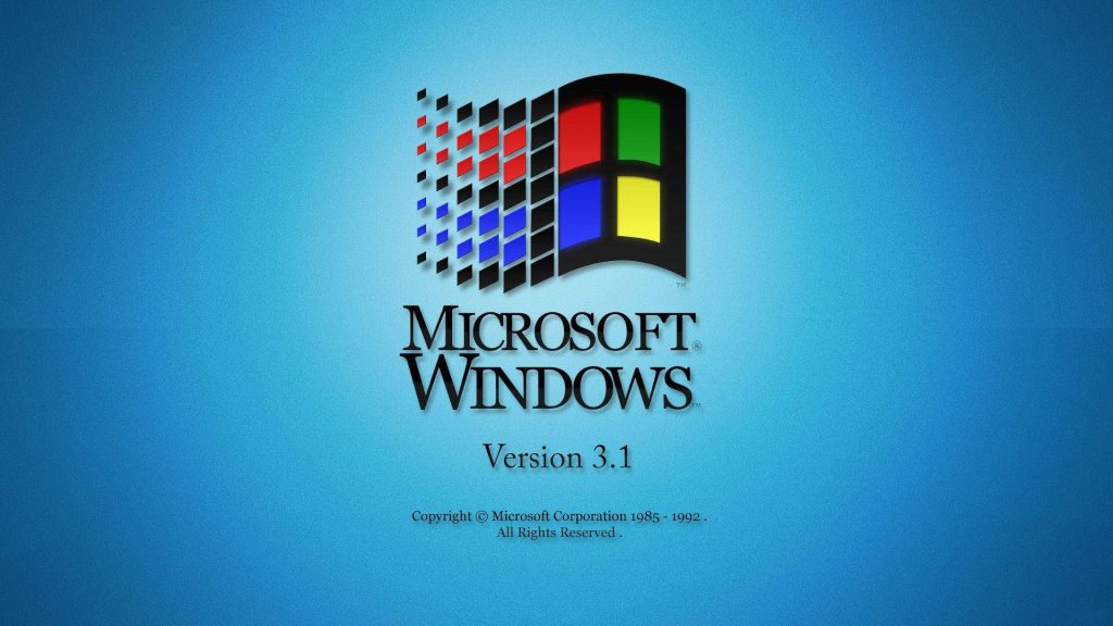 Windows 3.1 retro wallpaper with multicolored pixel flag on blue gradient background vintage OS