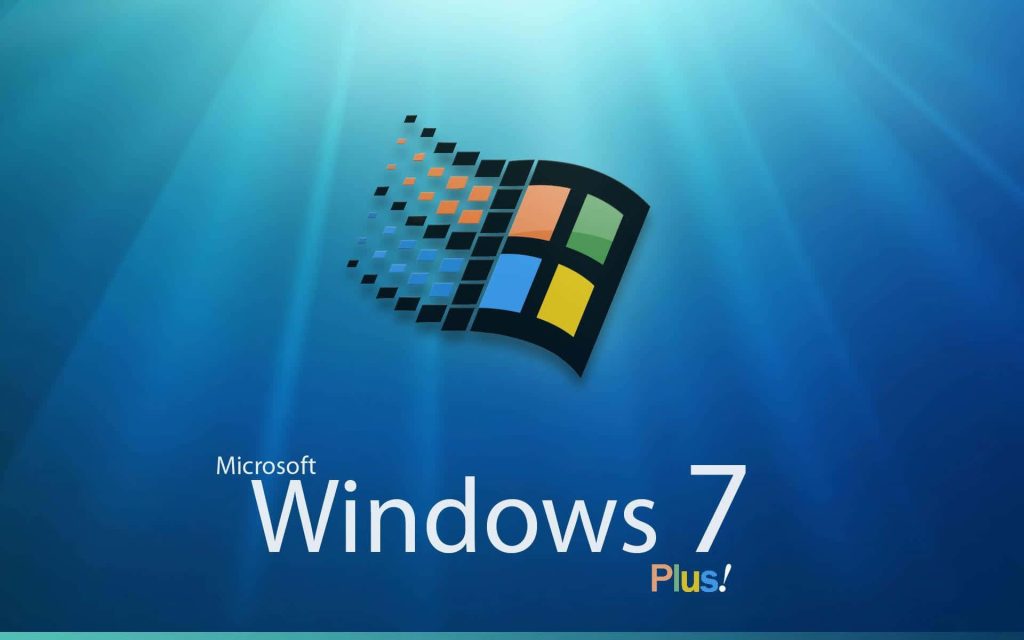Windows 7 Plus wallpaper with classic multicolored Microsoft flag on smooth blue gradient background