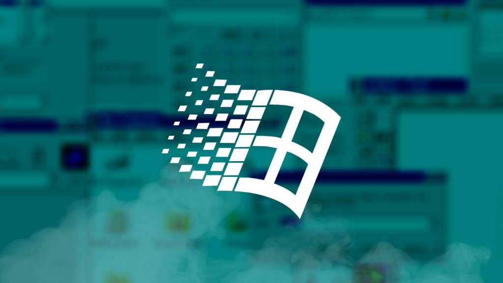 Nostalgic Windows 95 logo wallpaper with white flag and teal retro desktop vaporwave background