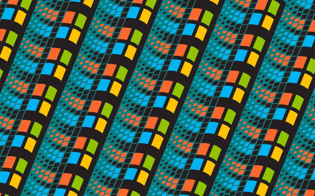 Windows 95 style digital art with vibrant four-color Microsoft logo optical illusion background Wallpaper