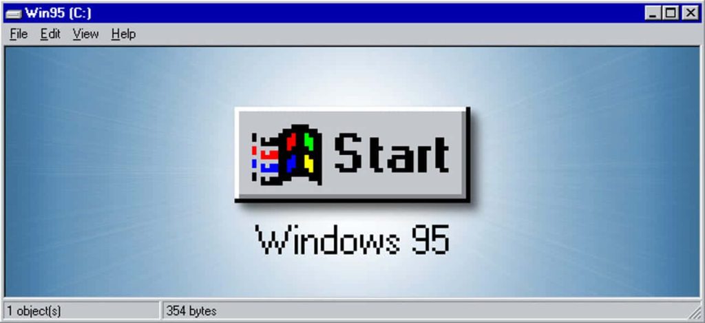 Windows 95 wallpaper with retro file window and iconic pixelated Start button on blue gradient background