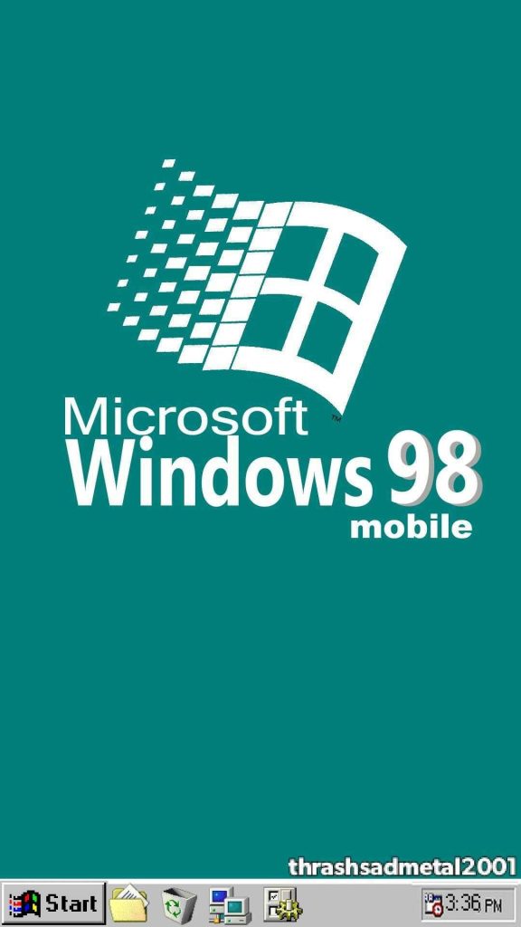 Windows 98 Mobile concept wallpaper with classic Microsoft flag logo and retro desktop taskbar