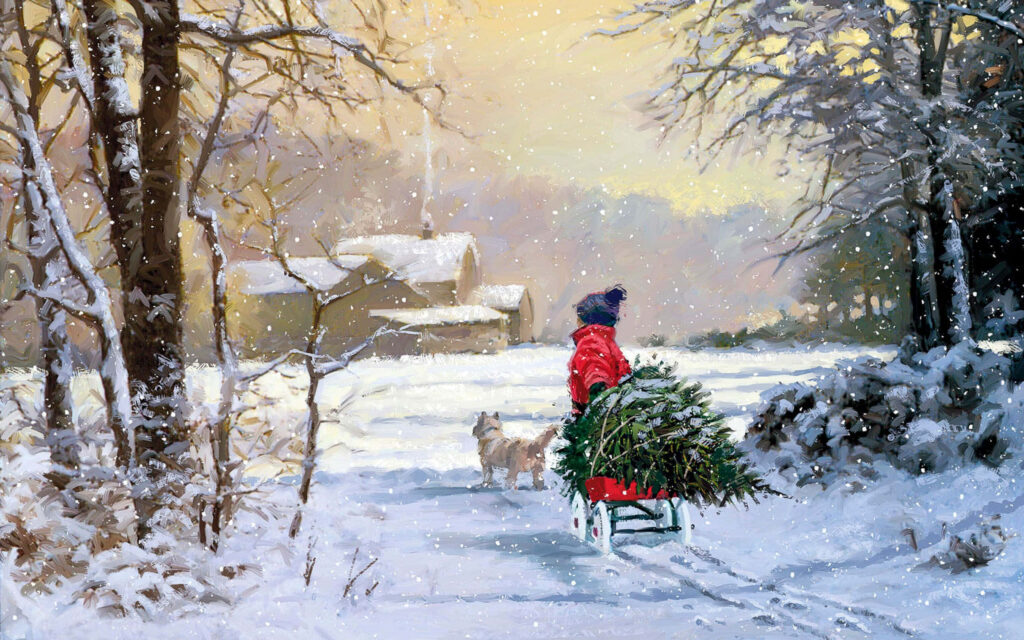 Nostalgic Winter Scene: Child with Sled and Christmas Tree Wallpaper
