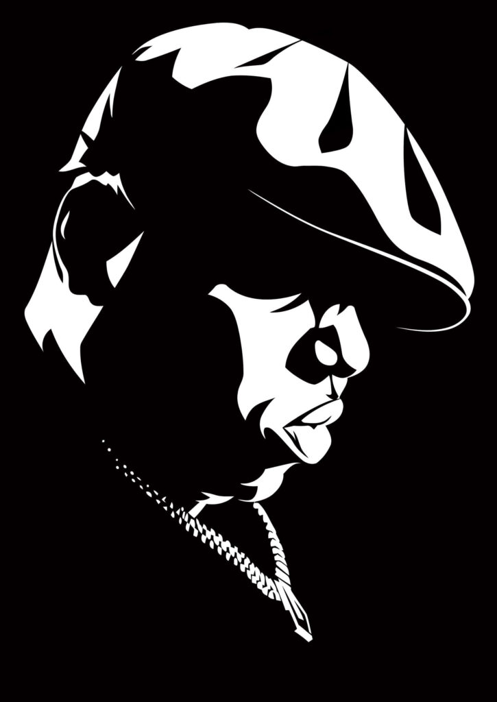 Black and white illustration of The Notorious B.I.G. with bold shadows and signature chain wallpaper