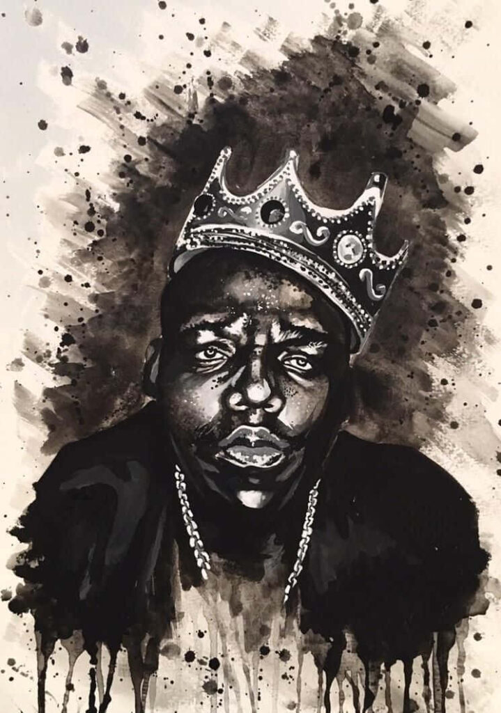 Black and white portrait of The Notorious B.I.G. with crown and bold ink splashes wallpaper
