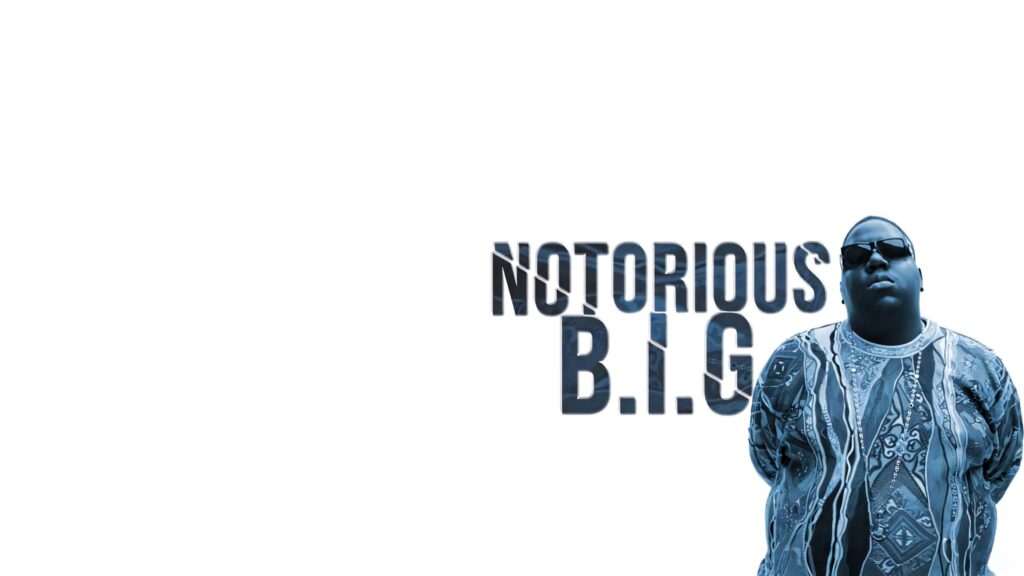 The Notorious Biggie Smalls standing confidently with bold name on white wallpaper background